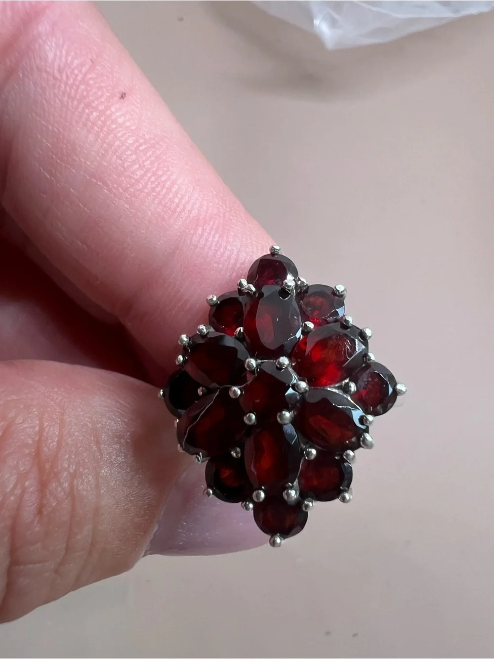 Sterling Silver Garnet Cluster Ring - Deep Red